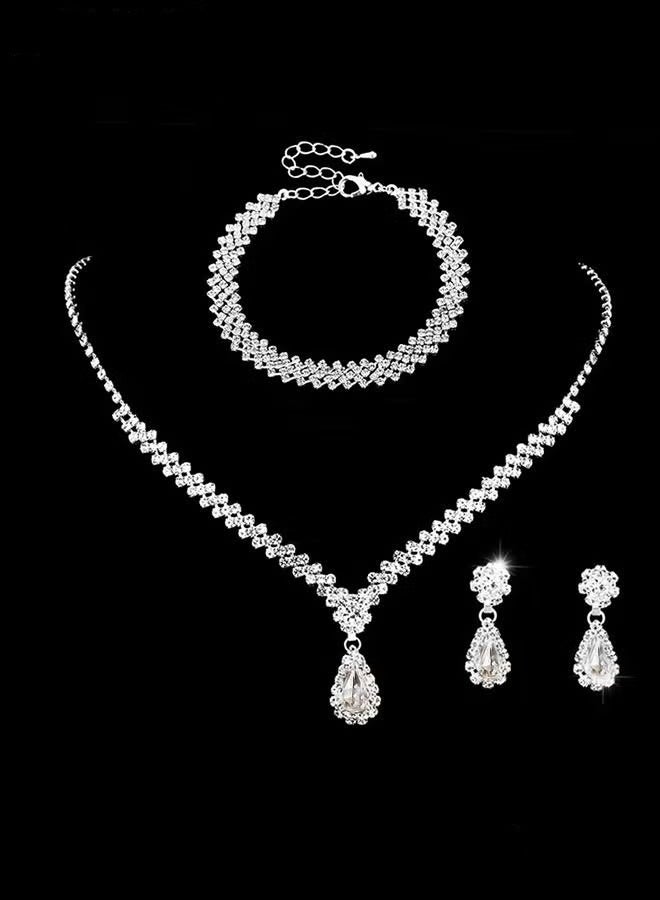 GIFT Women's 4 PCS Rhinestone Necklace Earrings Bracelet Set Drop-Shaped Pendant V-Neck Chain Ear Dangle Bridal Evening Dress Accessories for Women Simple Versatile Silver - Image 4